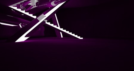 Fototapeta na wymiar Abstract interior of the future in a minimalist style with violet sculpture. Night view . Architectural background. 3D illustration and rendering