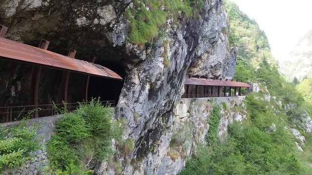 Colore, Bergamo, Italy. The Via Mala is a historic access road to the Scalve valley cut up into the rock overlooking the river Dezzo and creating a spectacular natural environment