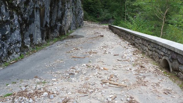 Colore, Bergamo, Italy. The Via Mala is a historic access road to the Scalve valley cut up into the rock overlooking the river Dezzo and creating a spectacular natural environment
