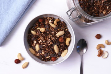 Bowl of homemade granola with chocolate chips and nuts