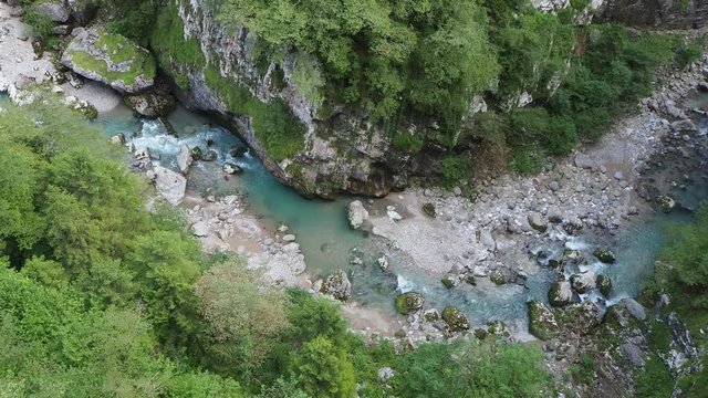 Colore, Bergamo, Italy. Dezzo creek at the bottom of steep rock cliffs and mountain ravine. Shoot from Via Mala an historical route in Scalve Valley