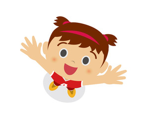 a girl looking up into the sky (wearing basketball uniform). cartoon illustration.