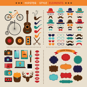 Hipster Colorful Retro Vintage Vector Icon Set. Illustrations of hats, glasses, lips and moustaches.