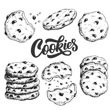 Sketch ink graphic cookies set illustration, draft silhouette drawing, black on white line art. Delicious vintage etching food design.