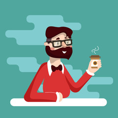 Coffee break. Man drinks coffee on green background.