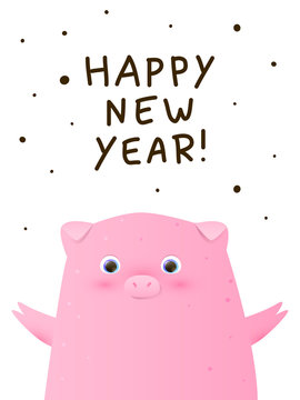 Greeting card with cute little pig - a symbol of the New Year 2019