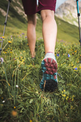 Adventurous Sportive Girl hiking in Beautiful Alpine Mountains