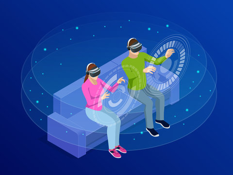 Isometric young man and woman wear the virtual reality glasses. Watching and showing imagine via the VR camera. Technology and innovation concept