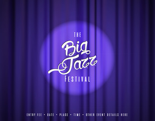 Abstract jazz music festival advertising poster template with theater curtain.