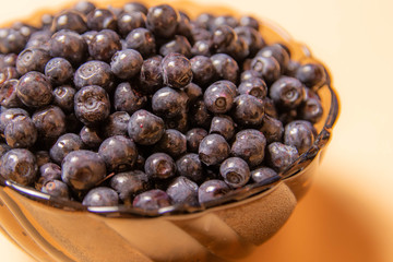 blueberries in a glass plate on an orange background