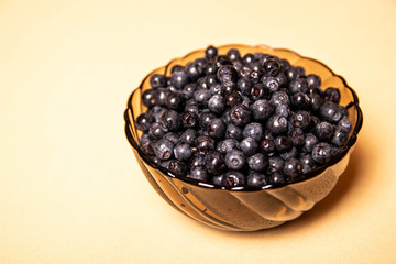 blueberries in a glass plate on an orange background