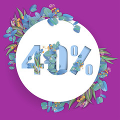 White round 40% sale sign with eucalyptus on purple background.