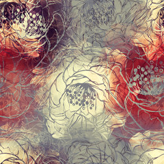 imprints many-petals peony mix repeat seamless pattern. digital hand drawn picture with watercolour texture. mixed media