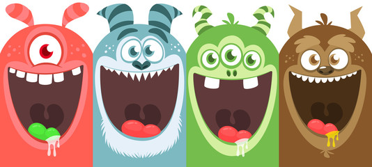 Cartoon monsters set. Vector illustration of different monsters expressions. Halloween. Package design