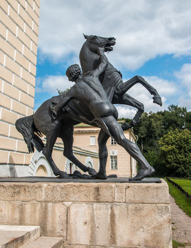 Sculpture tamer of horses, sculpture by Peter Klodt in Kuzminki park, Moscow, Russia