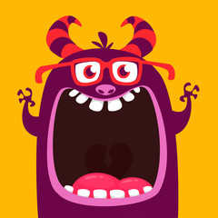 Funny purple horned cartoon monster wearing eyeglasses. Funny  monster with mouth opened wide. Halloween vector illustration © drawkman