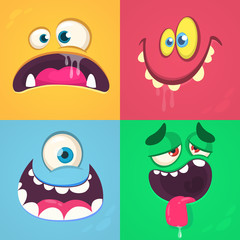 Cartoon monster faces set. Vector set of four Halloween monster faces. One eyed alien, smiling devil, scared troll, tired monster