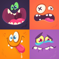Cartoon monster faces set. Vector set of four Halloween monster faces with different expressions. 
