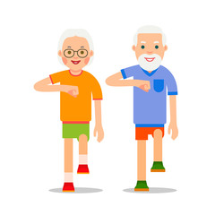 Old people and sport walking. Grandparents perform health gymnastics. Senior people doing physical activity. Adults making physical exercises. Cartoon illustration isolated on white background in flat