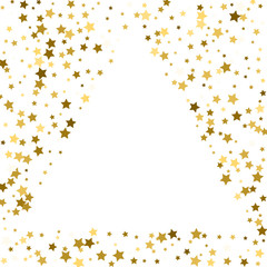 gold frame or border of random scatter golden stars on white background. Design element for festive banner, birthday and greeting card, postcard, wedding invitation. Vector illustration