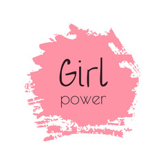 Girl Power hand drawn letteringe badge. Watercolor paint pink design element. Vector sign of feminism movement, gender equality. Ink dry brush stroke, stain, blot, splatter, splash texture background.