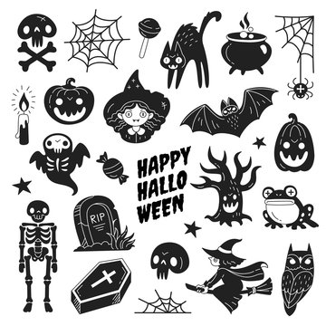Happy Halloween icons collection. Vector illustration of funny black and white Halloween symbols such as skeleton, grave, skull, pumpkin, owl, toad, cat, ghost and a witch isolated on white.