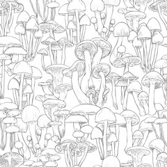 Mushrooms seamless pattern wallpaper. Line illustration black and white
