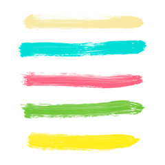 Set of yellow, green, turquoise, pink pastel powder color vector watercolor hand painted stripes, isolated white background. Collection of acrylic dry brush stains, strokes, geometric horizontal lines