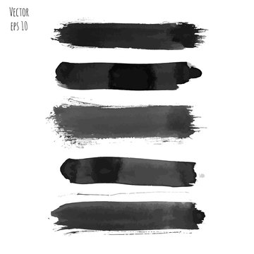 Set Of Dark Black Vector Watercolor Hand Painted Texture Backgrounds Isolated On White. Abstract Collection Of Acrylic Dry Brush Stripes, Strokes, Stains, Spots, Blots, Horizontal Lines. Grunge Frame