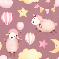Watercolor illustration of cute sheep. Seamless pattern