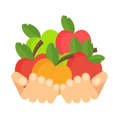 Apple picking. Apple in hand. Natural Products, Farm Market. Flat vector cartoon illustration. Objects isolated ongreen background.