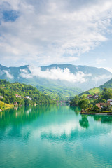 Fototapeta na wymiar Scenic landscape of mountains and lake in Bosnia