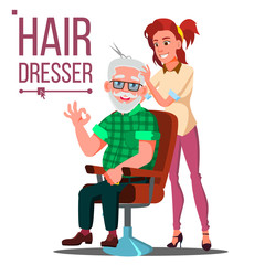 Hairdresser And Old Man Vector. Client Sitting On The Chair. Modeling. Isolated Flat Cartoon Illustration