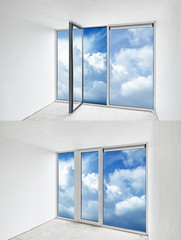 Glass door open and closed on a cloudy blue sky