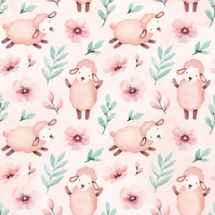 Watercolor illustration of cute sheep. Seamless pattern