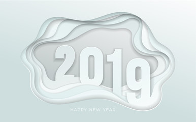 2019 White number text design typography pattern. Paper art and digital craft style. Happy new year and winter season. Text Vector illustration. Isolated on white background