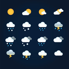 Weather icons sun and clouds in sky, rain with snow, thunder and lightning. Flat vector weather and meteorology for mobile and web application.
