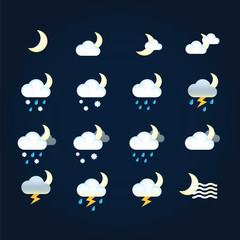 Weather icons sun and clouds in night sky, rain with snow, thunder and lightning. Flat vector weather and meteorology for mobile and web application.
