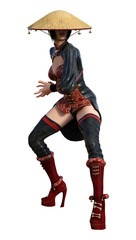 3D Rendering Asian Battle Woman on White