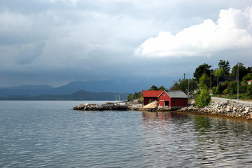 Fototapeta na wymiar View of Hardangerfjorden near Husnes village, Hordaland county, Norway.