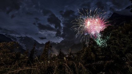 Fireworks in the woods and mountains night landscape