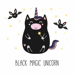 Hand drawn vector illustration of a kawaii funny fat black unicorn, with a magic wand, bats, text. Isolated objects on white background. Line drawing. Design concept for children print.