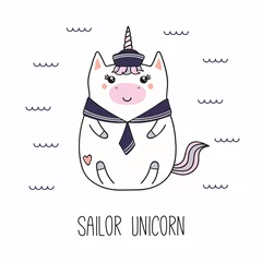 Sierkussen Hand drawn vector illustration of a kawaii funny fat sailor unicorn, in a collar, cap, with text. Isolated objects on white background. Line drawing. Design concept for children print. © Maria Skrigan