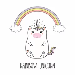 Foto auf Acrylglas Hand drawn vector illustration of a kawaii funny fat unicorn, with rainbow, cloud, stars, text. Isolated objects on white background. Line drawing. Design concept for children print. © Maria Skrigan