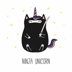 Zelfklevend Fotobehang Hand drawn vector illustration of a kawaii funny fat ninja unicorn, with a katana sword, text. Isolated objects on white background. Line drawing. Design concept for children print. © Maria Skrigan