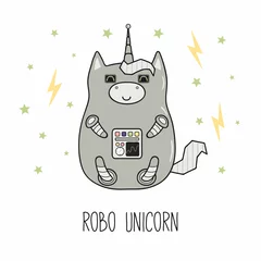 Keuken spatwand met foto Hand drawn vector illustration of a kawaii funny fat robot unicorn, with text. Isolated objects on white background. Line drawing. Design concept for children print. © Maria Skrigan