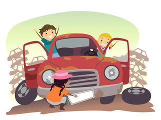Stickman Kids Play Junk Car Illustration