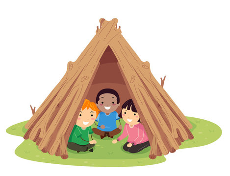 kids in wooden tent, sitting together