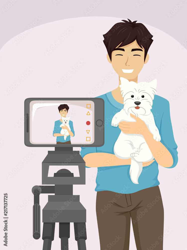 Poster teen guy dog vlogging illustration