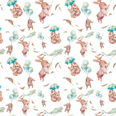 Watercolor cartoon texture with funny rabbits. Baby seamless pattern design. Bunny wallpaper with umbrella, air balloons, feathers, kite.